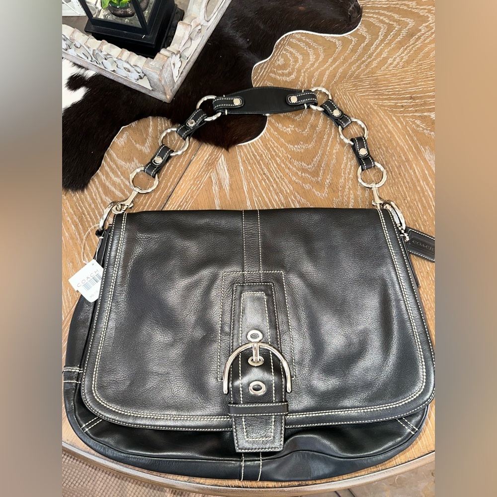 COACH Black Leather XL Soho Shoulder/Flap over Bag with Silver Accents